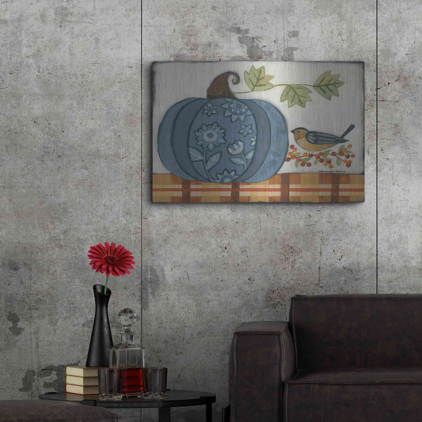 Luxe Metal Art 'Blue Patterned Pumpkin' by Bernadette Deming, Metal Wall Art,36x24