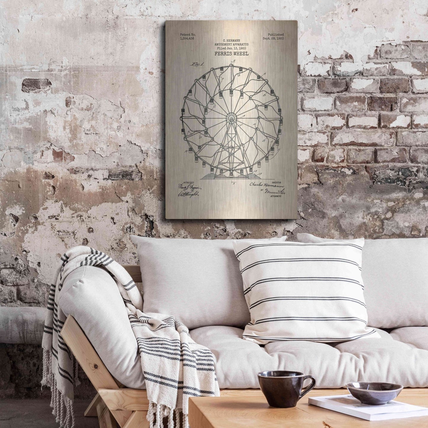 Luxe Metal Art 'Ferris Wheel, 1920 Blueprint Parchment Patent' Metal Wall Art,24x36