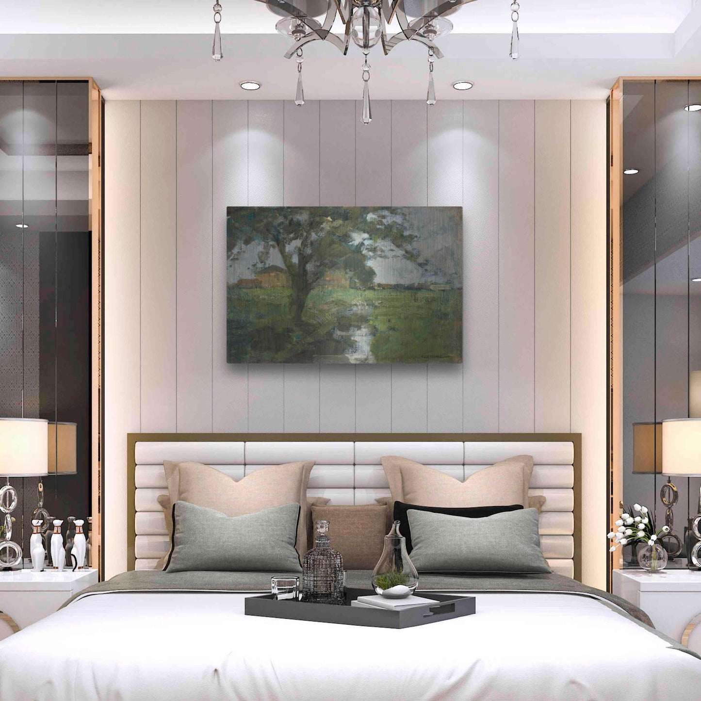 Luxe Metal Art 'Farm Settin with Foreground tree and Irrigation Ditch, 1900' by Piet Mondrian, Metal Wall Art,36x24