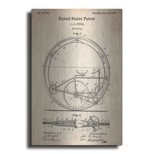 Luxe Metal Art 'Monocycle Vintage Patent Blueprint,' Metal Wall Art