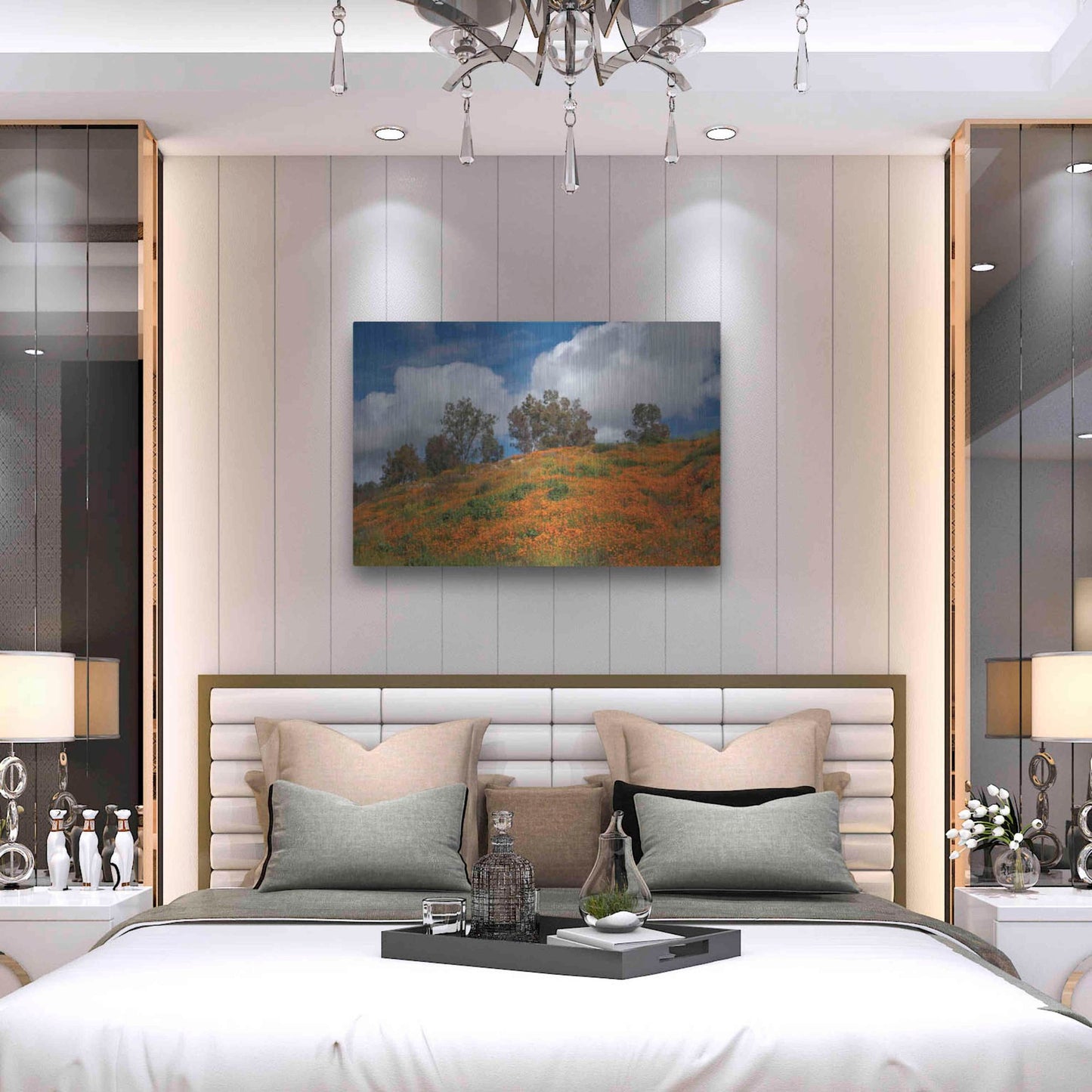 Luxe Metal Art 'Poppies, Trees & Clouds' by John Gavrilis, Metal Wall Art,36x24