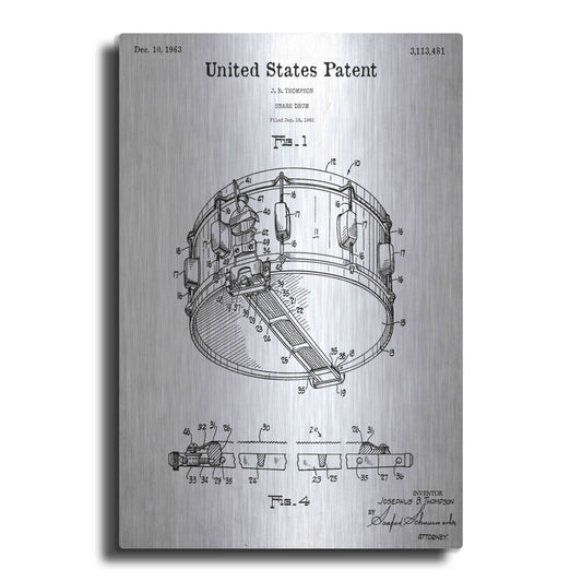 Luxe Metal Art 'Snare Drum Blueprint Patent White' Acrylic Glass Wall Art