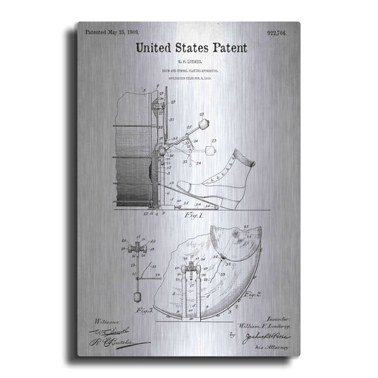 Luxe Metal Art 'Drum and Cymbal Blueprint Patent White' Metal Wall Art