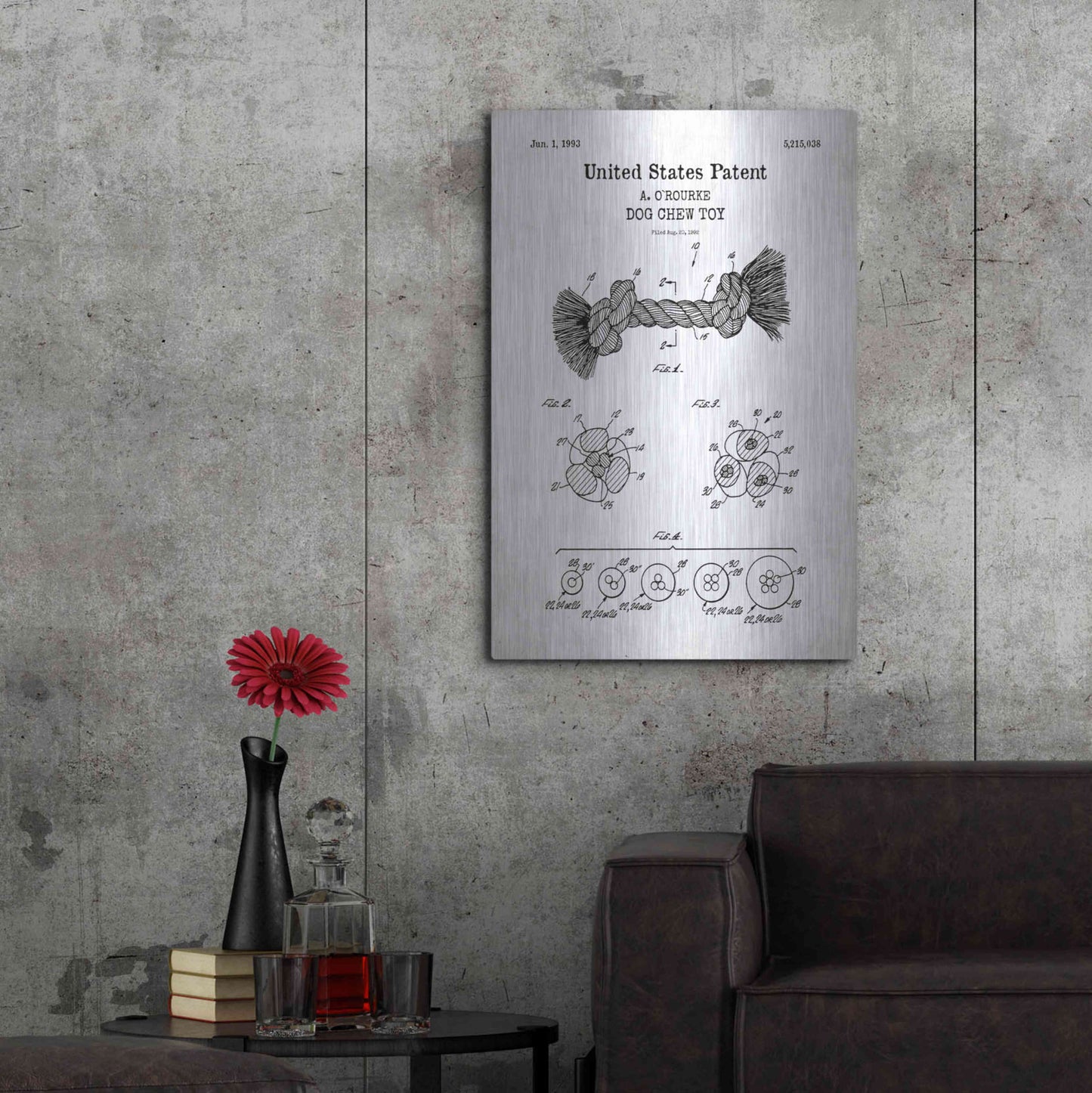 Luxe Metal Art 'Dog Chew toy Blueprint Patent White' Acrylic Glass Wall Art,24x36