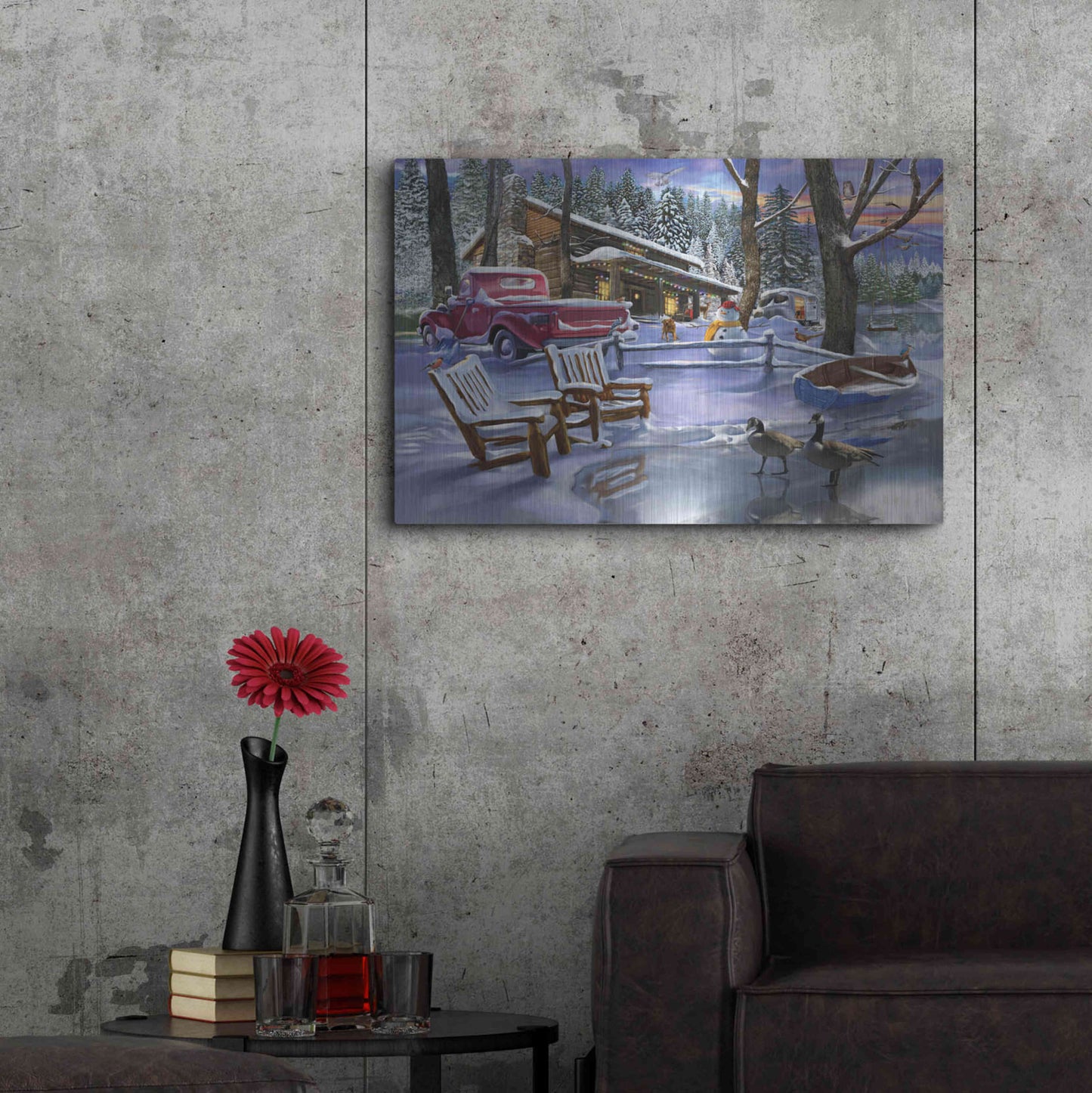 Luxe Metal Art 'Winter Cabin' by Bigelow Illustrations, Metal Wall Art,36x24
