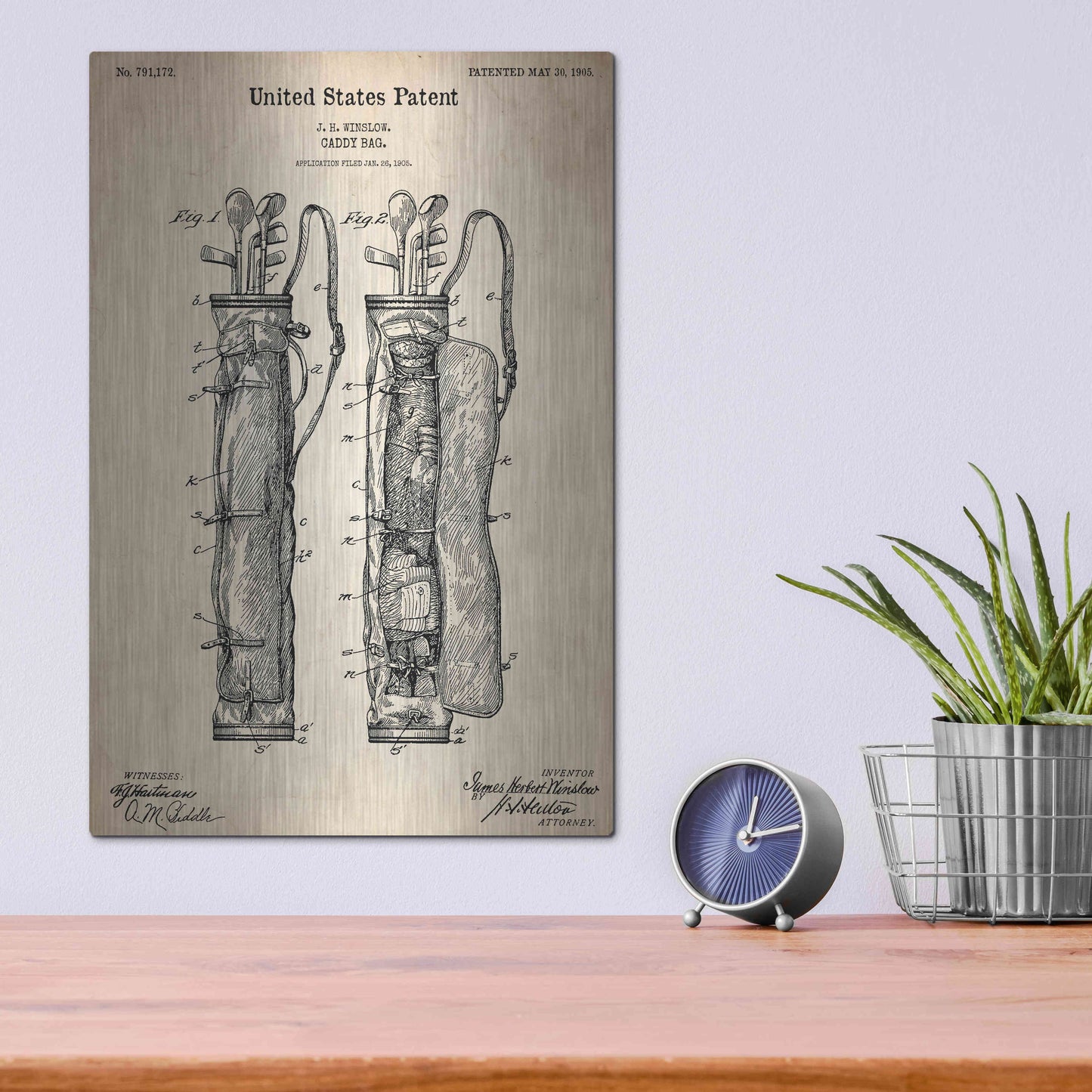Luxe Metal Art 'Golf Bag Caddy Vintage Patent Blueprint', Metal Wall Art,12x16