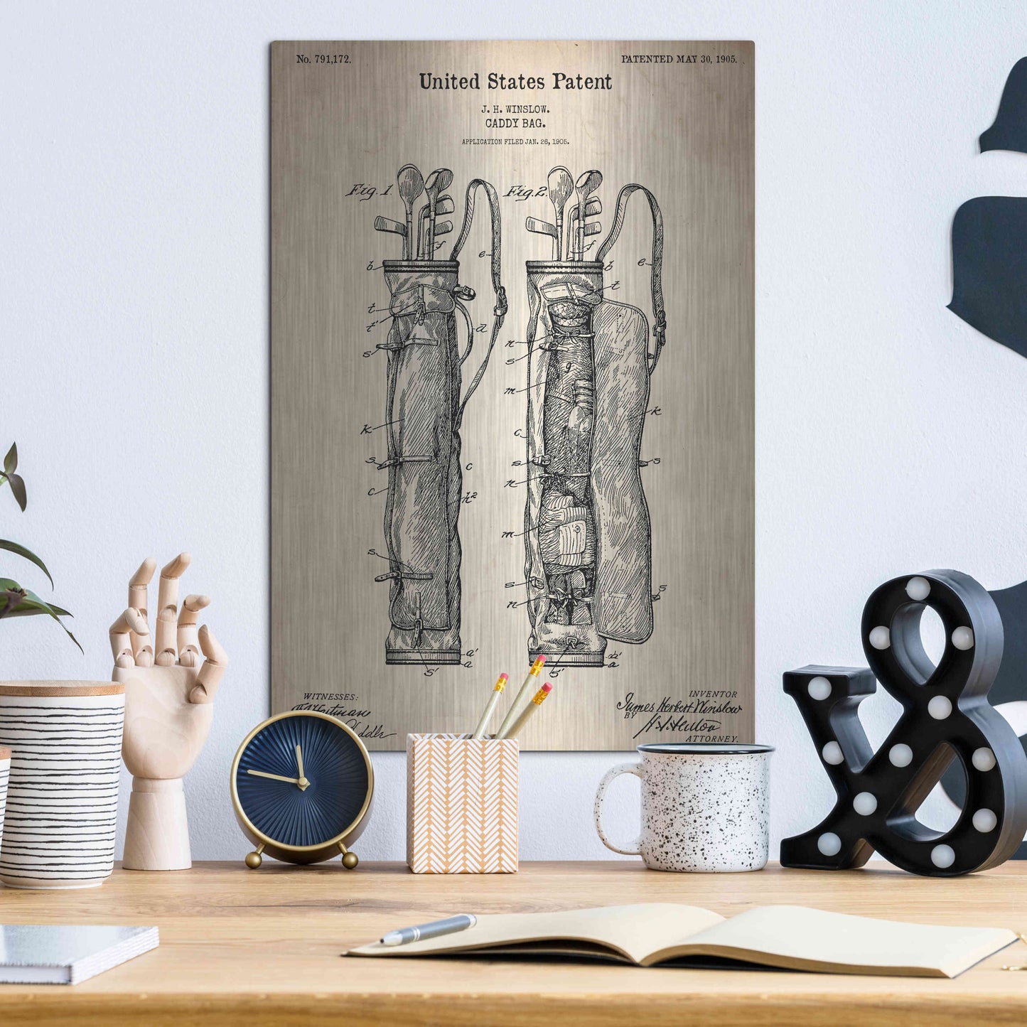 Luxe Metal Art 'Golf Bag Caddy Vintage Patent Blueprint', Metal Wall Art,12x16
