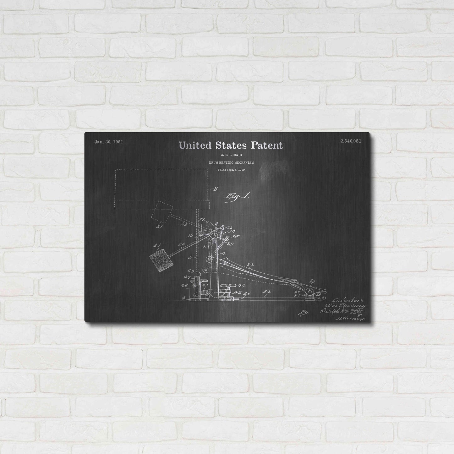 Luxe Metal Art 'Drum Beating Vintage Patent Blueprint' by Epic Portfolio, Metal Wall Art,36x24