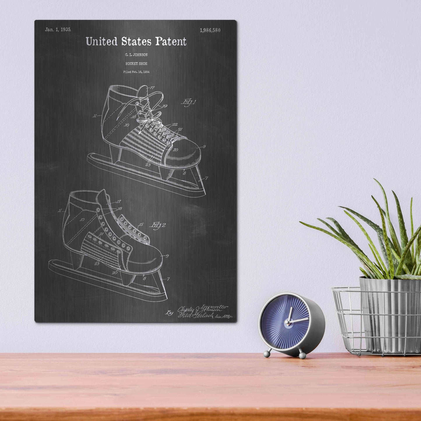 Luxe Metal Art 'Hockey Shoe Vintage Patent Blueprint' by Epic Portfolio, Metal Wall Art,12x16