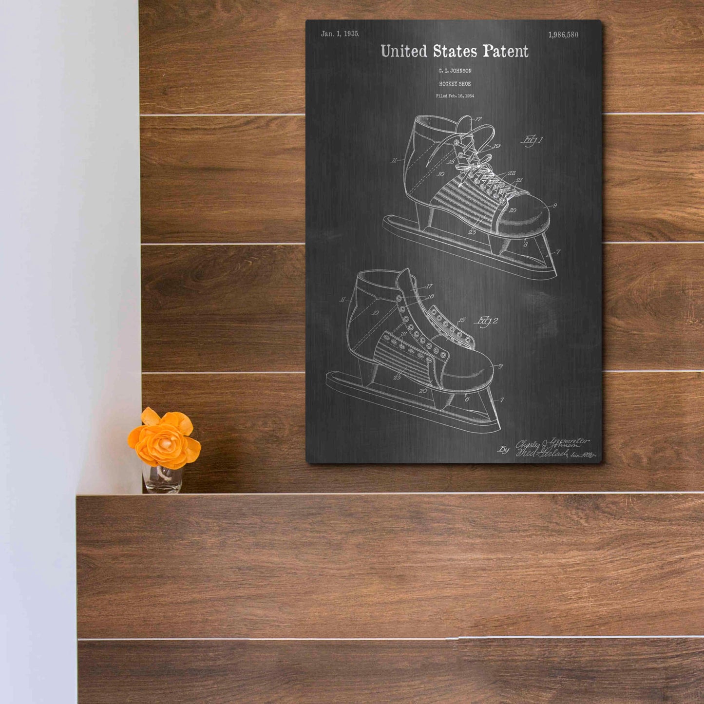Luxe Metal Art 'Hockey Shoe Vintage Patent Blueprint' by Epic Portfolio, Metal Wall Art,12x16