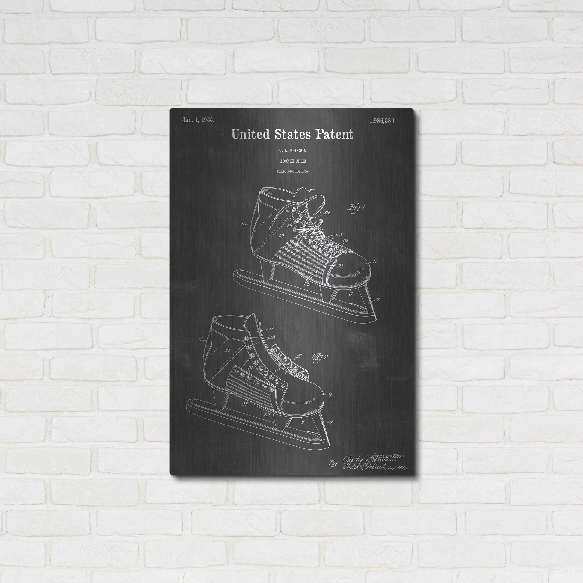 Luxe Metal Art 'Hockey Shoe Vintage Patent Blueprint' by Epic Portfolio, Metal Wall Art,24x36