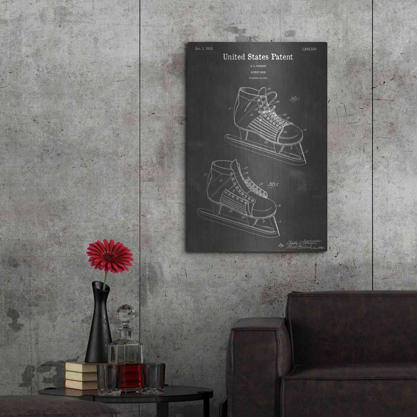 Luxe Metal Art 'Hockey Shoe Vintage Patent Blueprint' by Epic Portfolio, Metal Wall Art,24x36