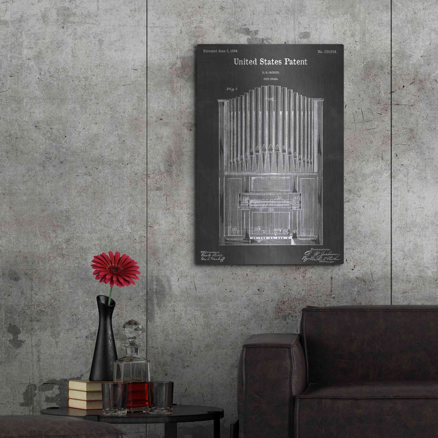 Luxe Metal Art 'Pipe Organ Vintage Patent Blueprint' by Epic Portfolio, Metal Wall Art,24x36