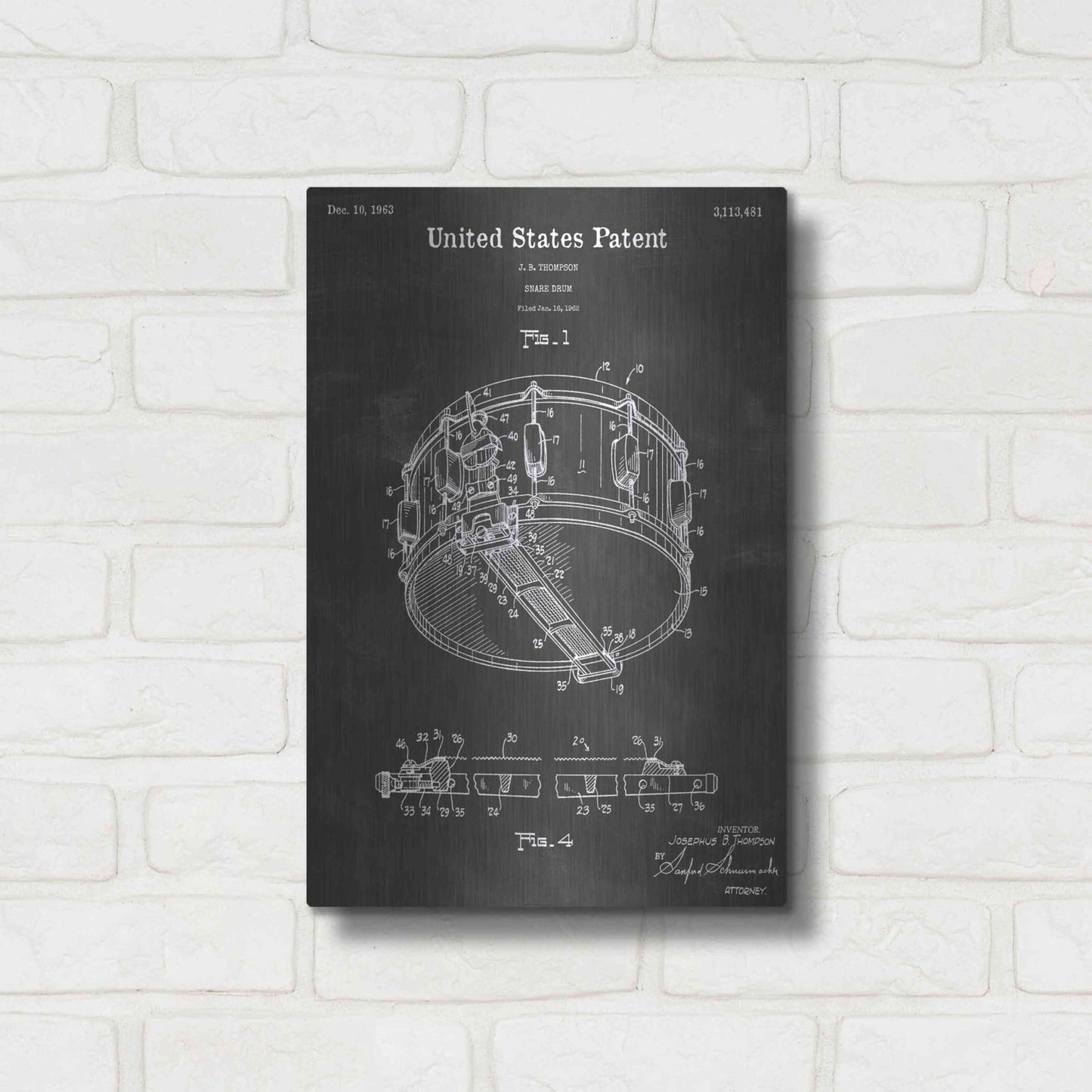 Luxe Metal Art 'Snare Drum Vintage Patent Blueprint' by Epic Portfolio, Metal Wall Art,12x16