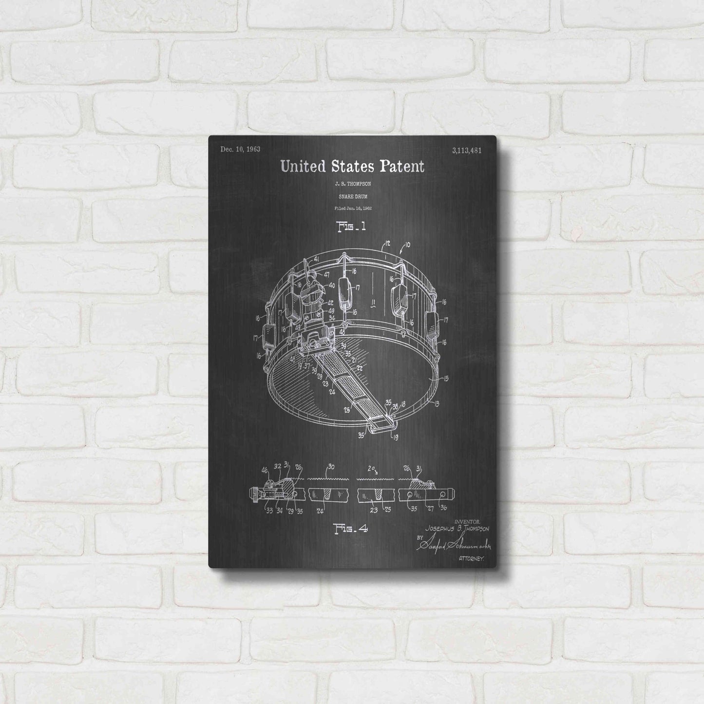 Luxe Metal Art 'Snare Drum Vintage Patent Blueprint' by Epic Portfolio, Metal Wall Art,16x24