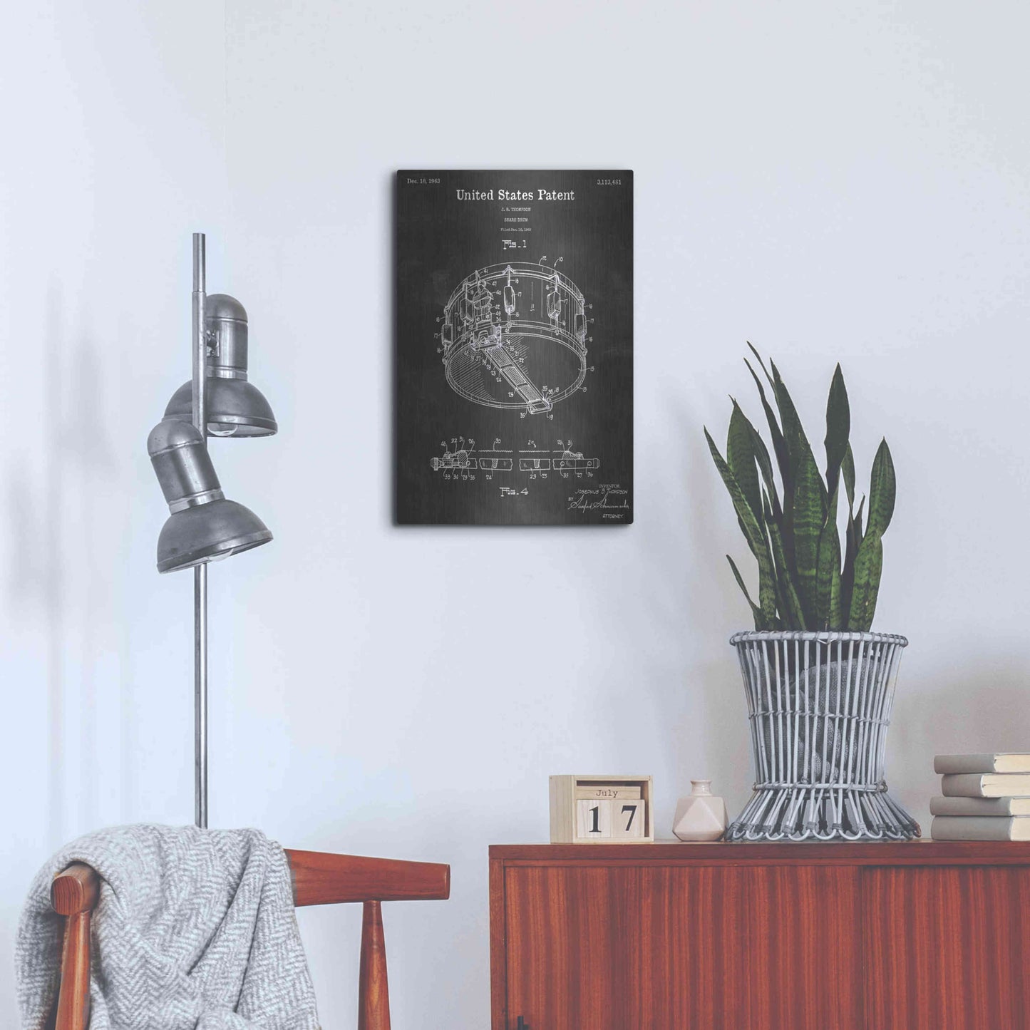 Luxe Metal Art 'Snare Drum Vintage Patent Blueprint' by Epic Portfolio, Metal Wall Art,16x24
