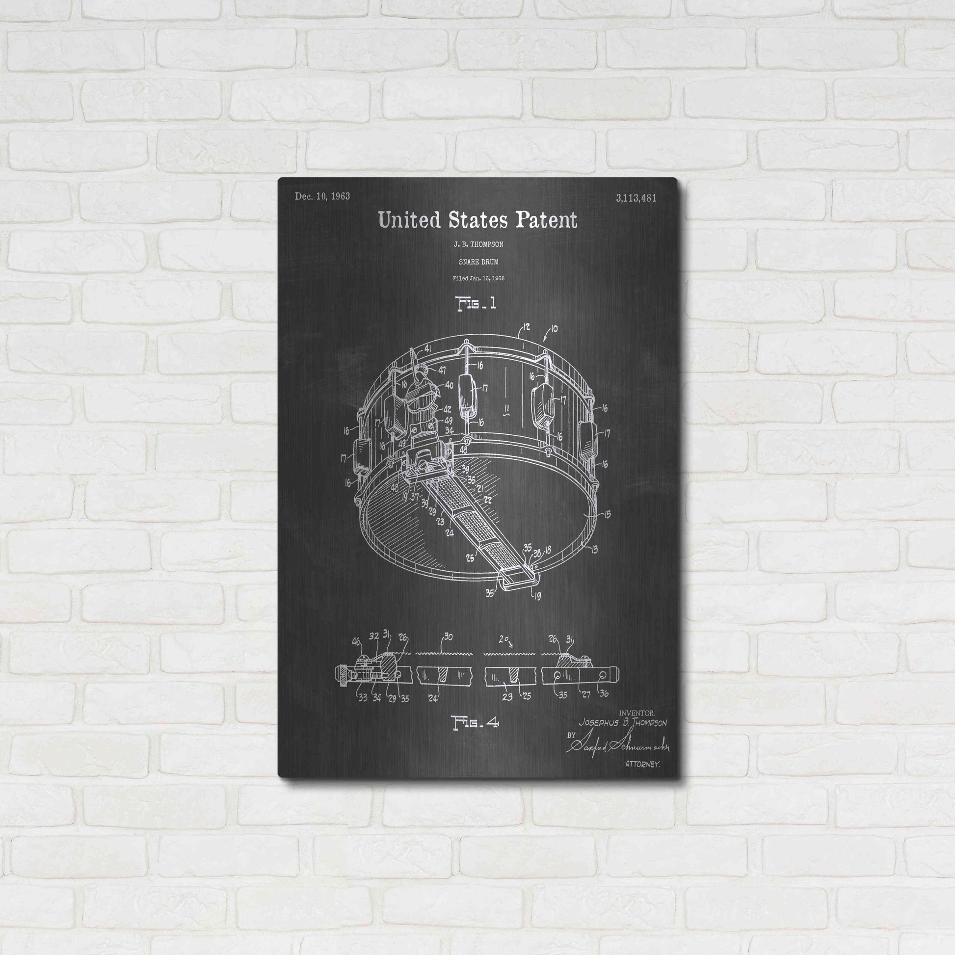 Luxe Metal Art 'Snare Drum Vintage Patent Blueprint' by Epic Portfolio, Metal Wall Art,24x36
