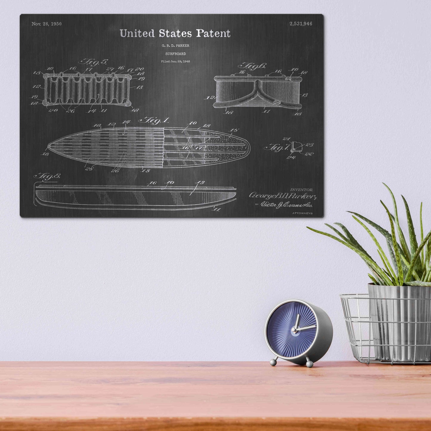 Luxe Metal Art 'Surfboard Vintage Patent Blueprint' by Epic Portfolio, Metal Wall Art,16x12