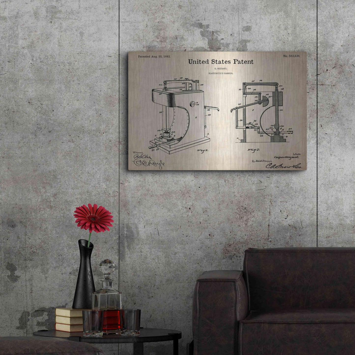 Luxe Metal Art 'Blacksmith's Hammer Blueprint Patent Parchment,' Metal Wall Art,36x24