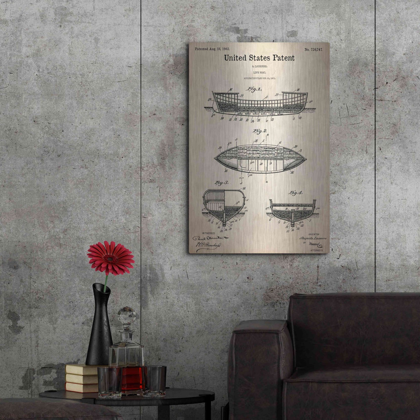 Luxe Metal Art 'Lifeboat Blueprint Patent Parchment,' Metal Wall Art,24x36
