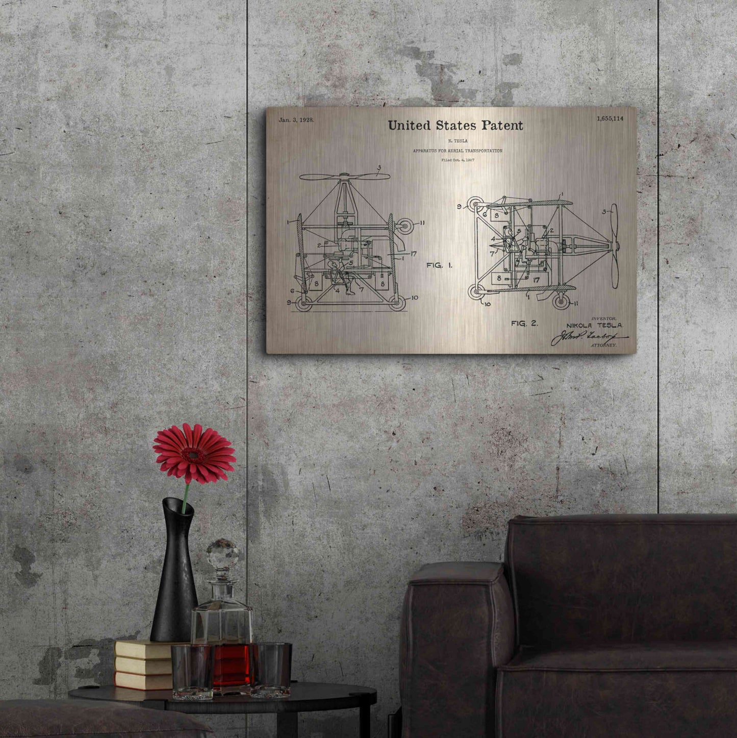 Luxe Metal Art 'Tesla Aerial Apparatus Blueprint Patent Parchment,' Metal Wall Art,36x24