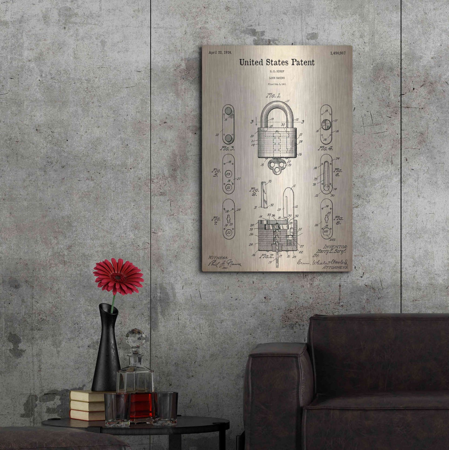 Luxe Metal Art 'Lock Blueprint Patent Parchment,' Metal Wall Art,24x36
