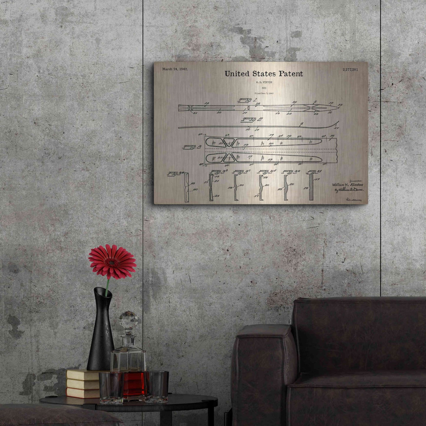 Luxe Metal Art 'Ski Blueprint Patent Parchment,' Metal Wall Art,36x24