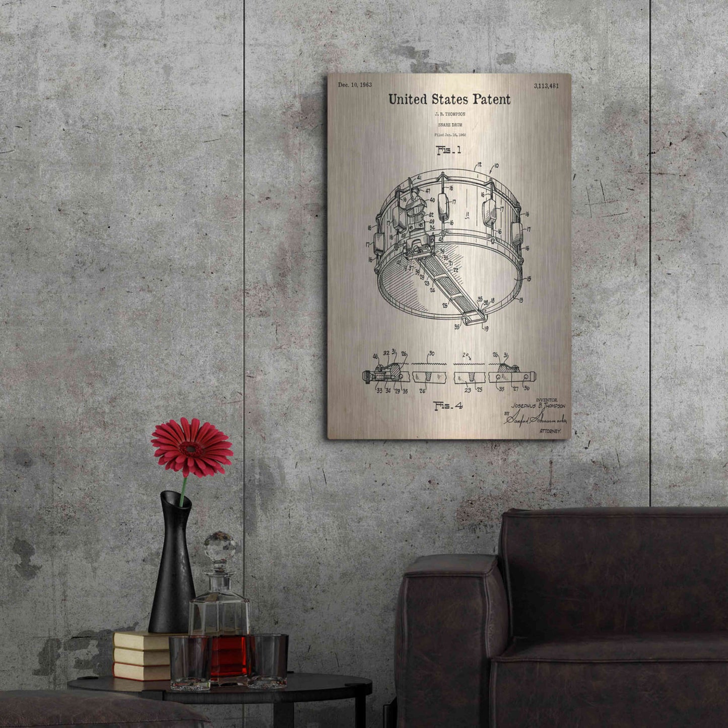 Luxe Metal Art 'Snare Drum Blueprint Patent Parchment,' Metal Wall Art,24x36
