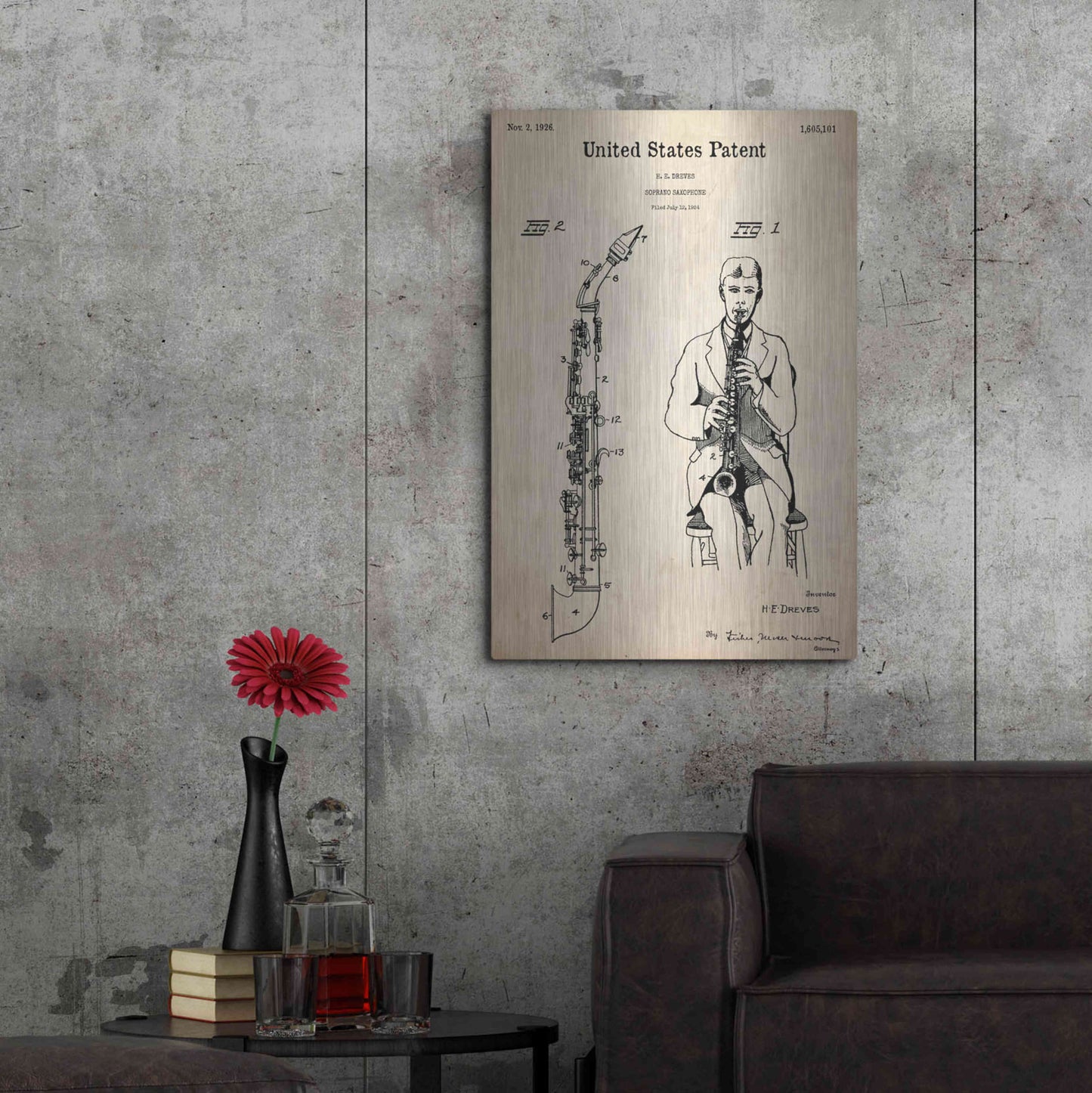 Luxe Metal Art 'Soprano Saxophone Blueprint Patent Parchment,' Metal Wall Art,24x36