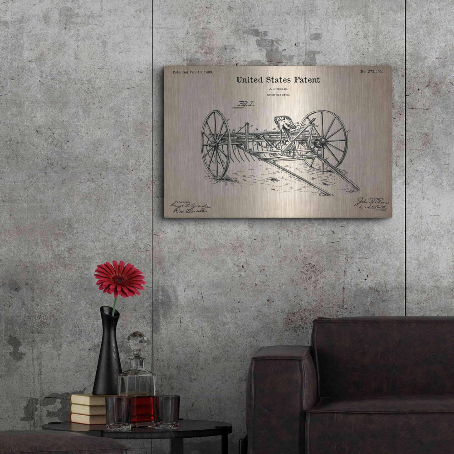 Luxe Metal Art 'Horse Drawn Hay Rake Blueprint Patent Parchment,' Metal Wall Art,36x24