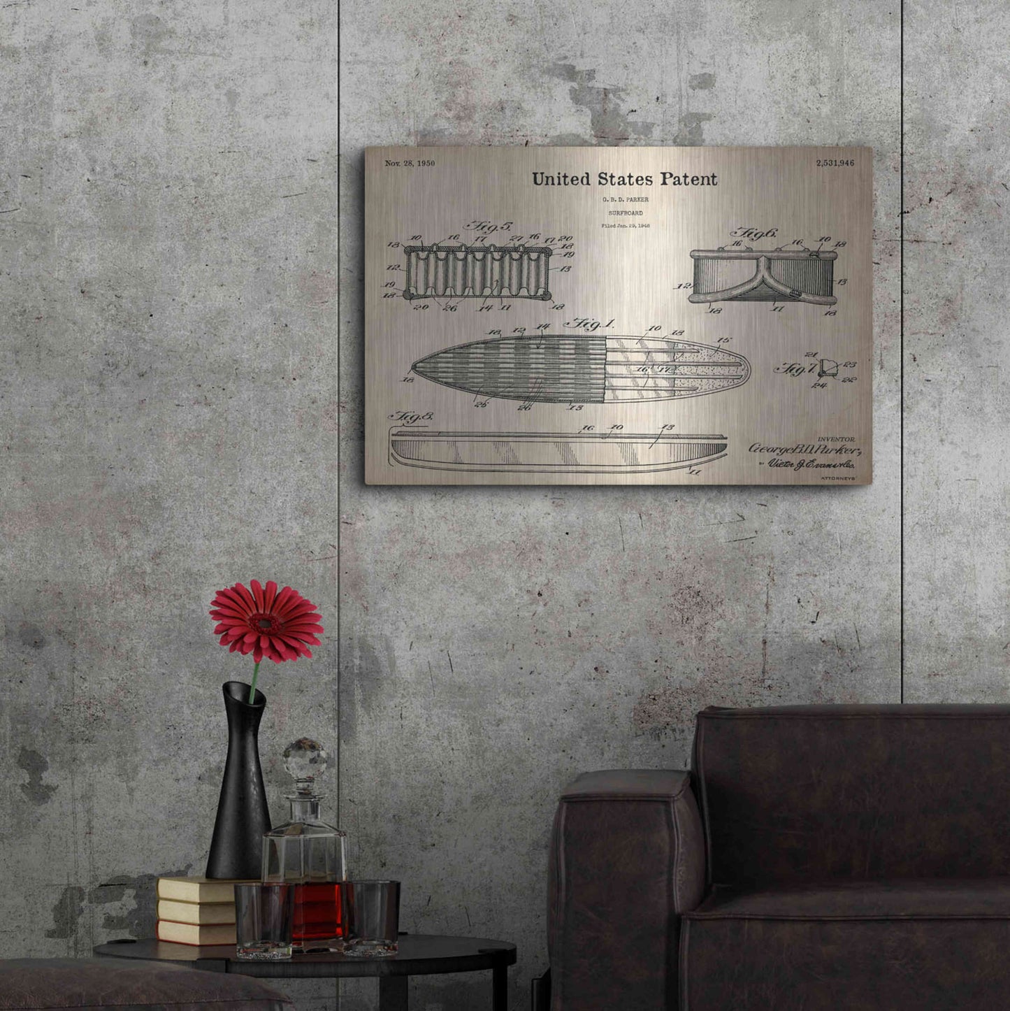 Luxe Metal Art 'Surfboard Blueprint Patent Parchment,' Metal Wall Art,36x24