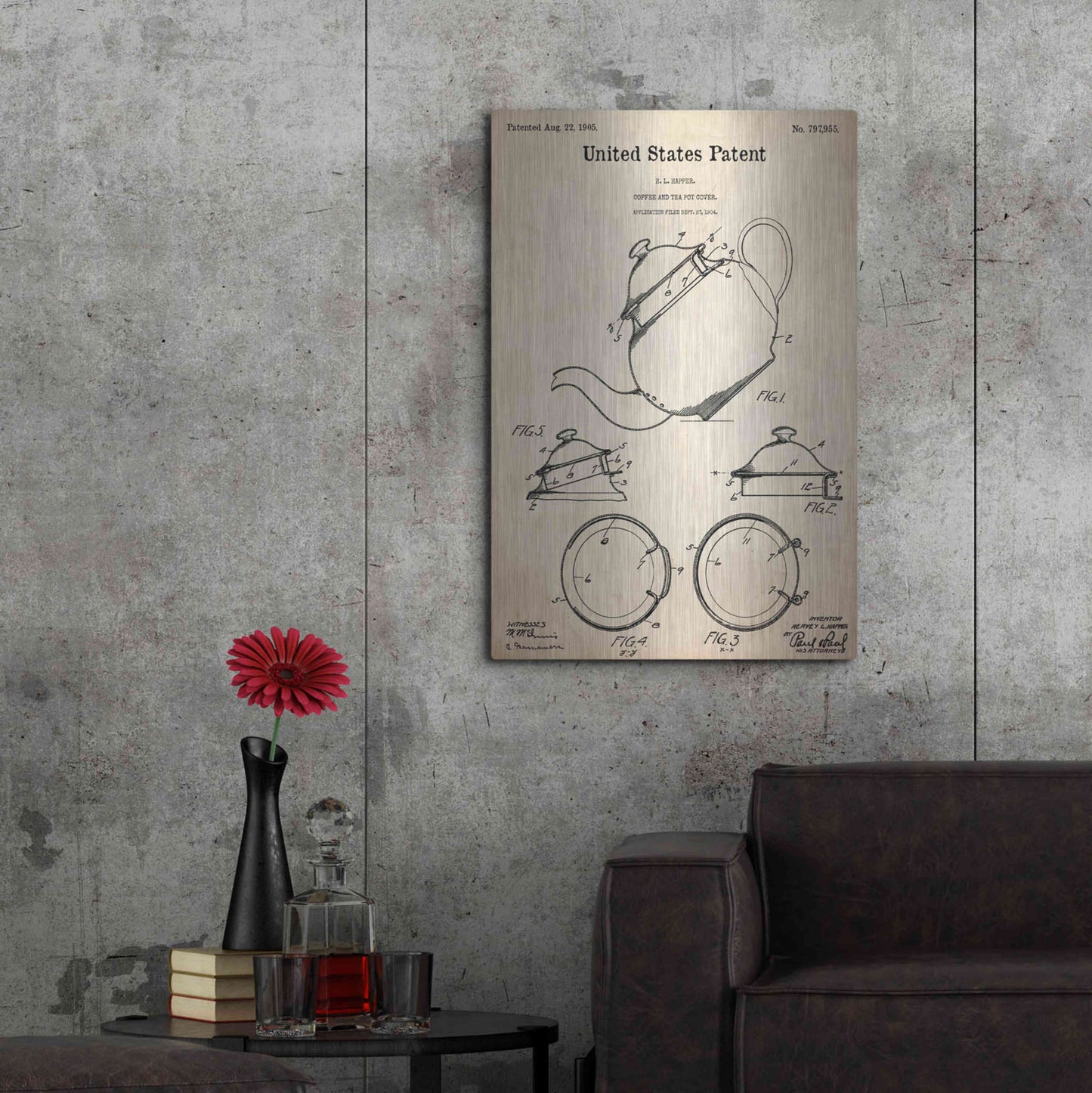 Luxe Metal Art 'Tea Pot Cover Blueprint Patent Parchment,' Metal Wall Art,24x36