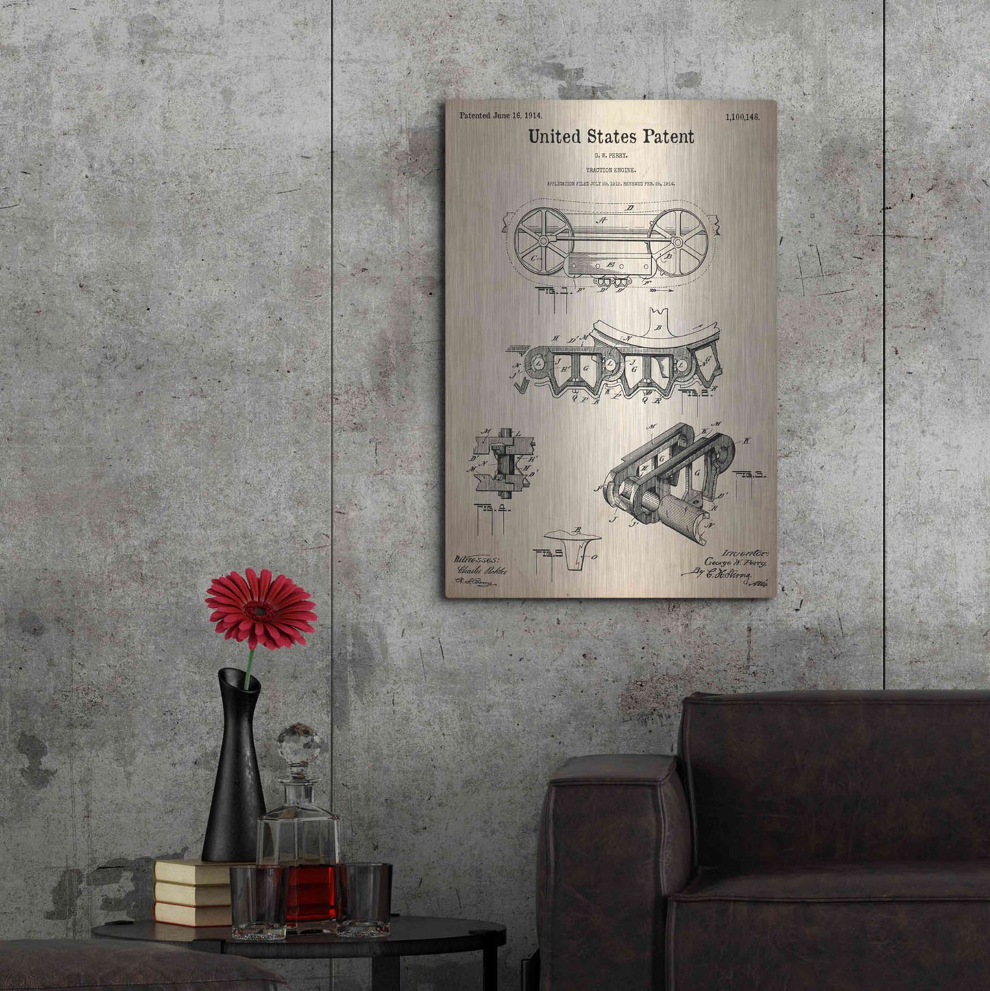 Luxe Metal Art 'Traction Engine Blueprint Patent Parchment,' Metal Wall Art,24x36