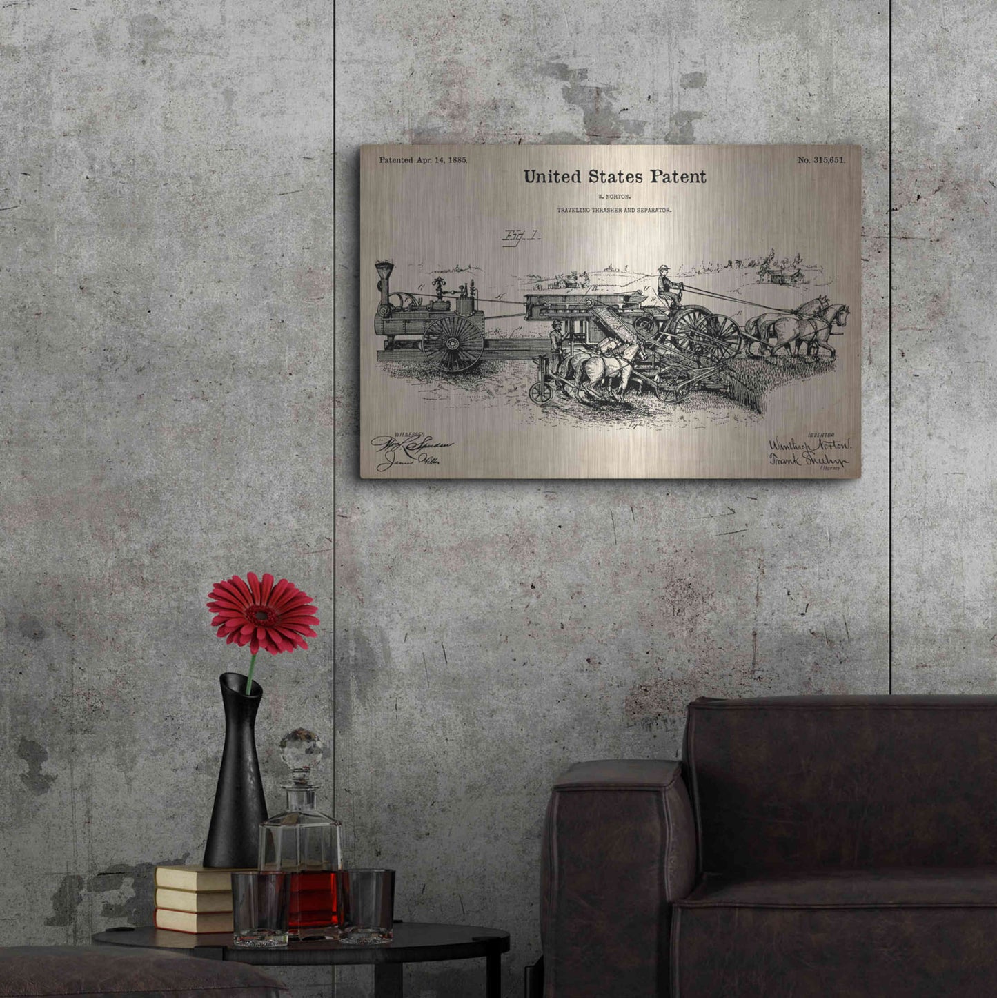 Luxe Metal Art 'Traveling Thrasher Blueprint Patent Parchment,' Metal Wall Art,36x24