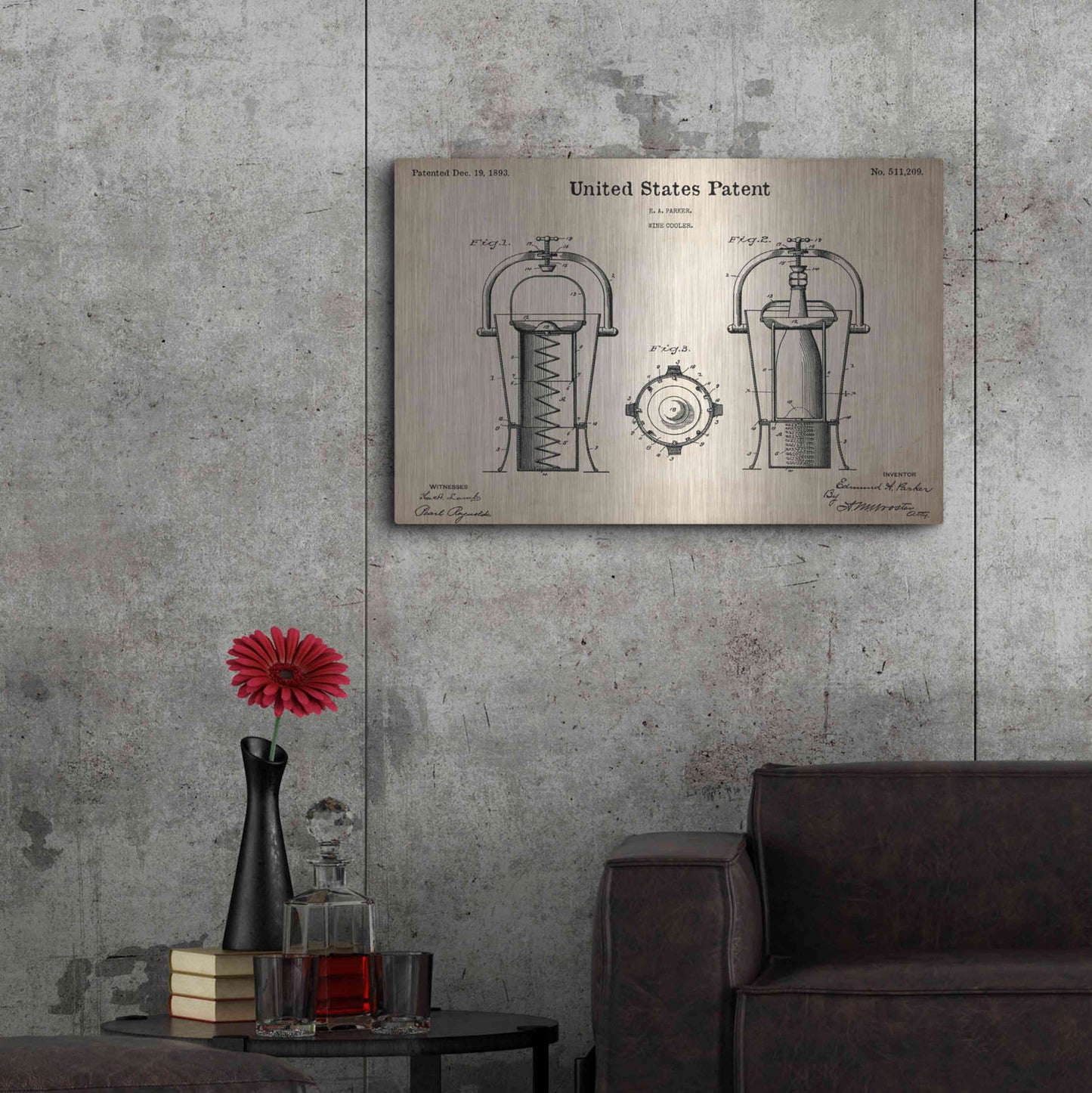 Luxe Metal Art 'Wine Cooler Blueprint Patent Parchment,' Metal Wall Art,36x24
