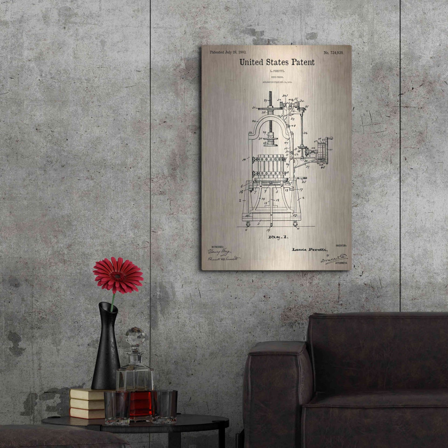 Luxe Metal Art 'Wine Press Blueprint Patent Parchment,' Metal Wall Art,24x36