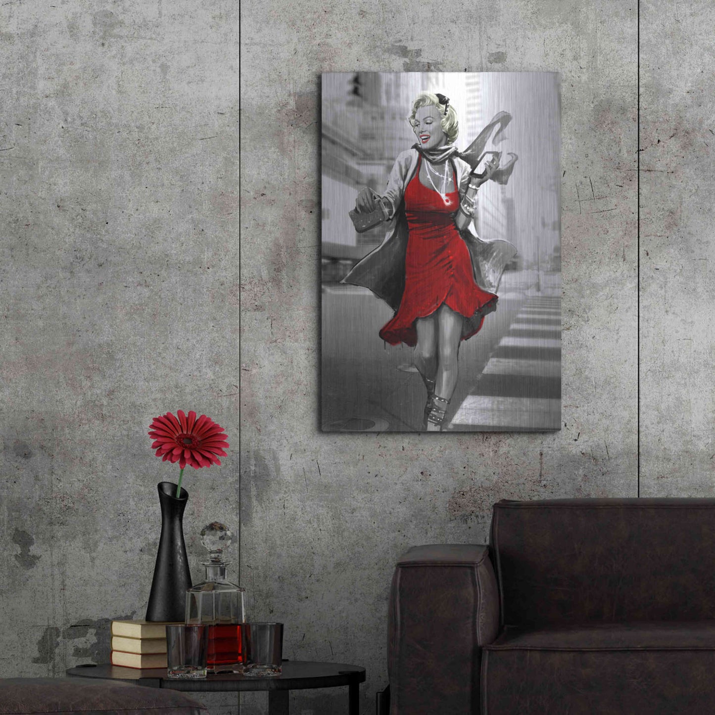 Luxe Metal Art 'Marilyn In The City Red Dress' by JJ Brando, Metal Wall Art,24x36