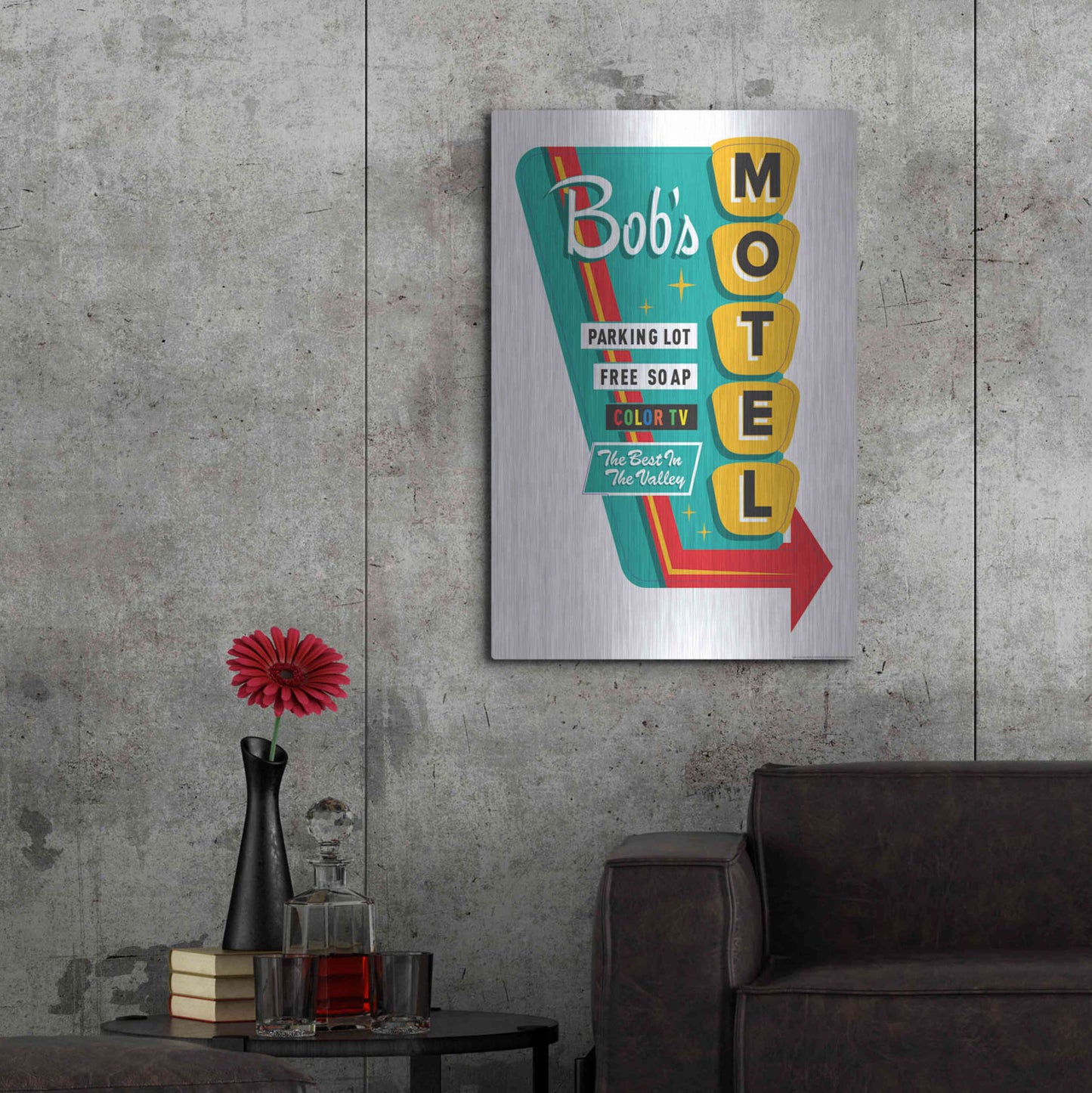 Luxe Metal Art 'Bob's Motel In White' by JJ Brando, Metal Wall Art,24x36