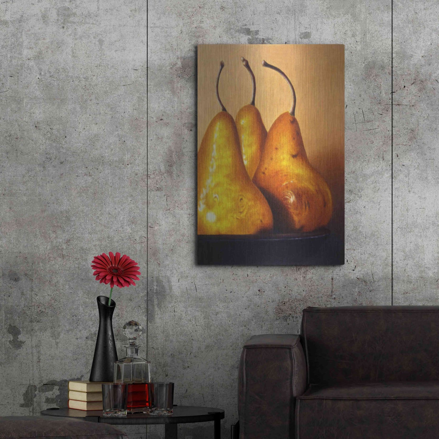 Luxe Metal Art 'Three Pears on Stonehenge' by Cecile Baird, Metal Wall Art,24x36