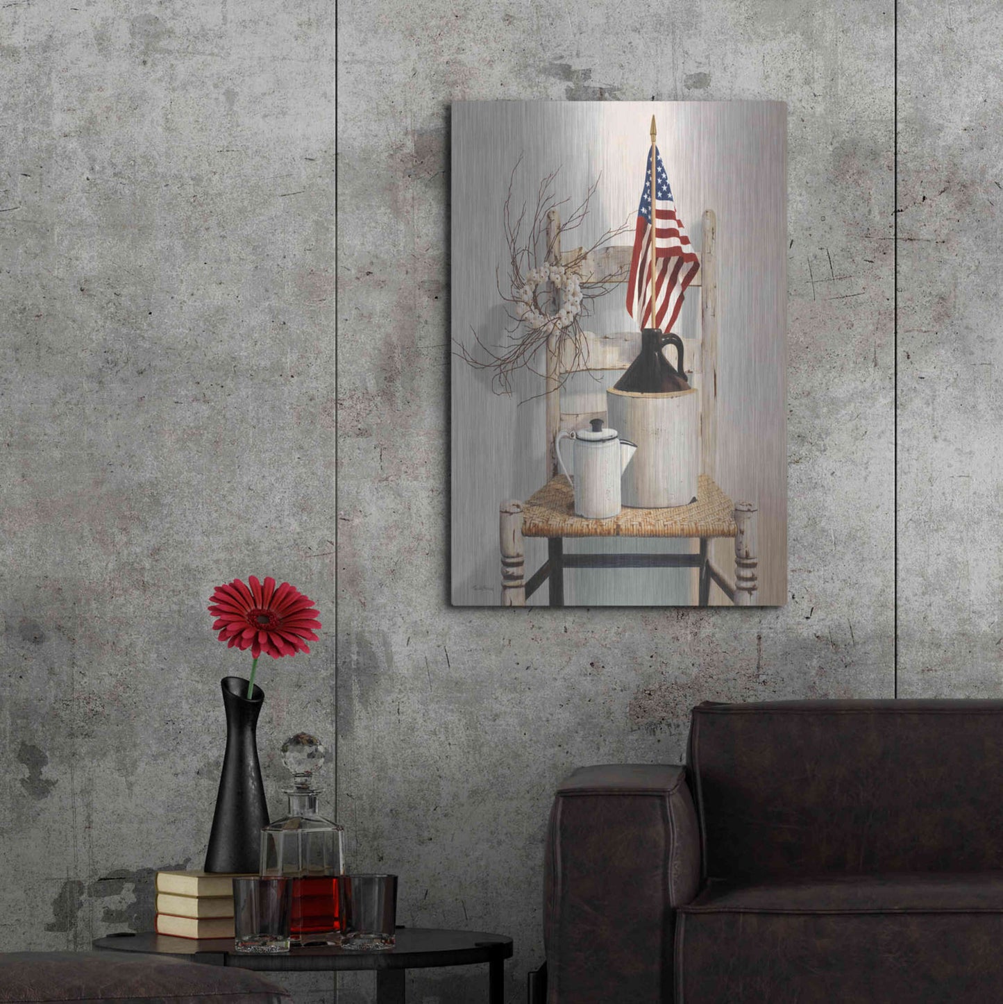 Luxe Metal Art 'Chair With Jug And Flag' by Cecile Baird, Metal Wall Art,24x36