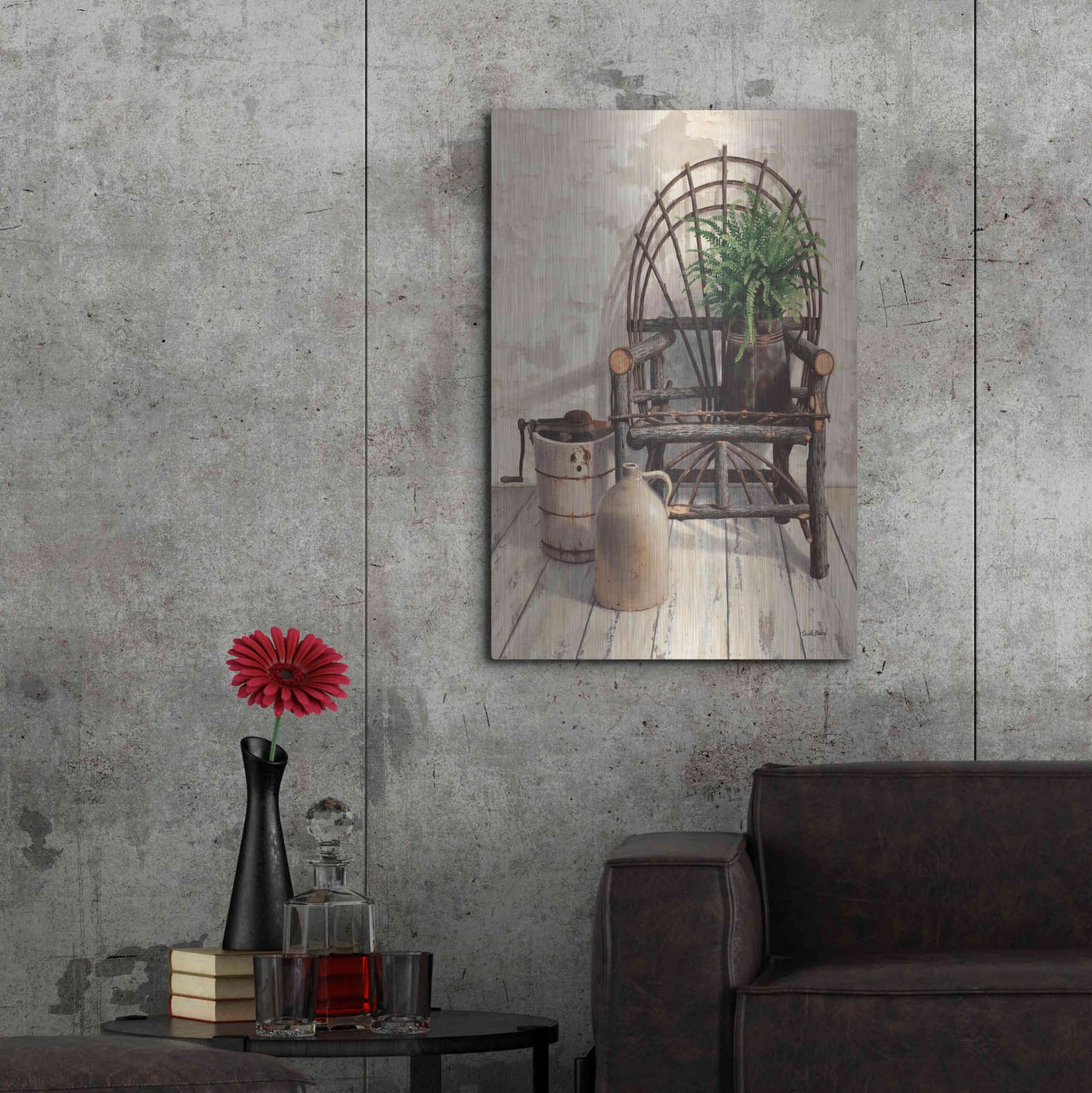 Luxe Metal Art 'Wicker Chair With Ice Cream Churn' by Cecile Baird, Metal Wall Art,24x36