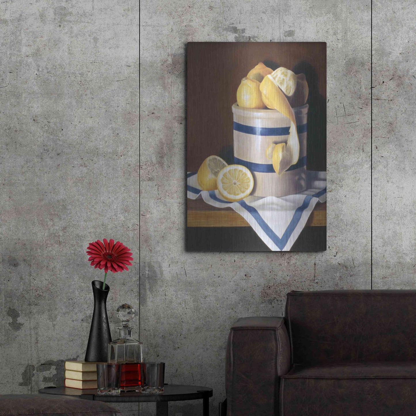 Luxe Metal Art 'Blue Stripes & Lemons' by Cecile Baird, Metal Wall Art,24x36