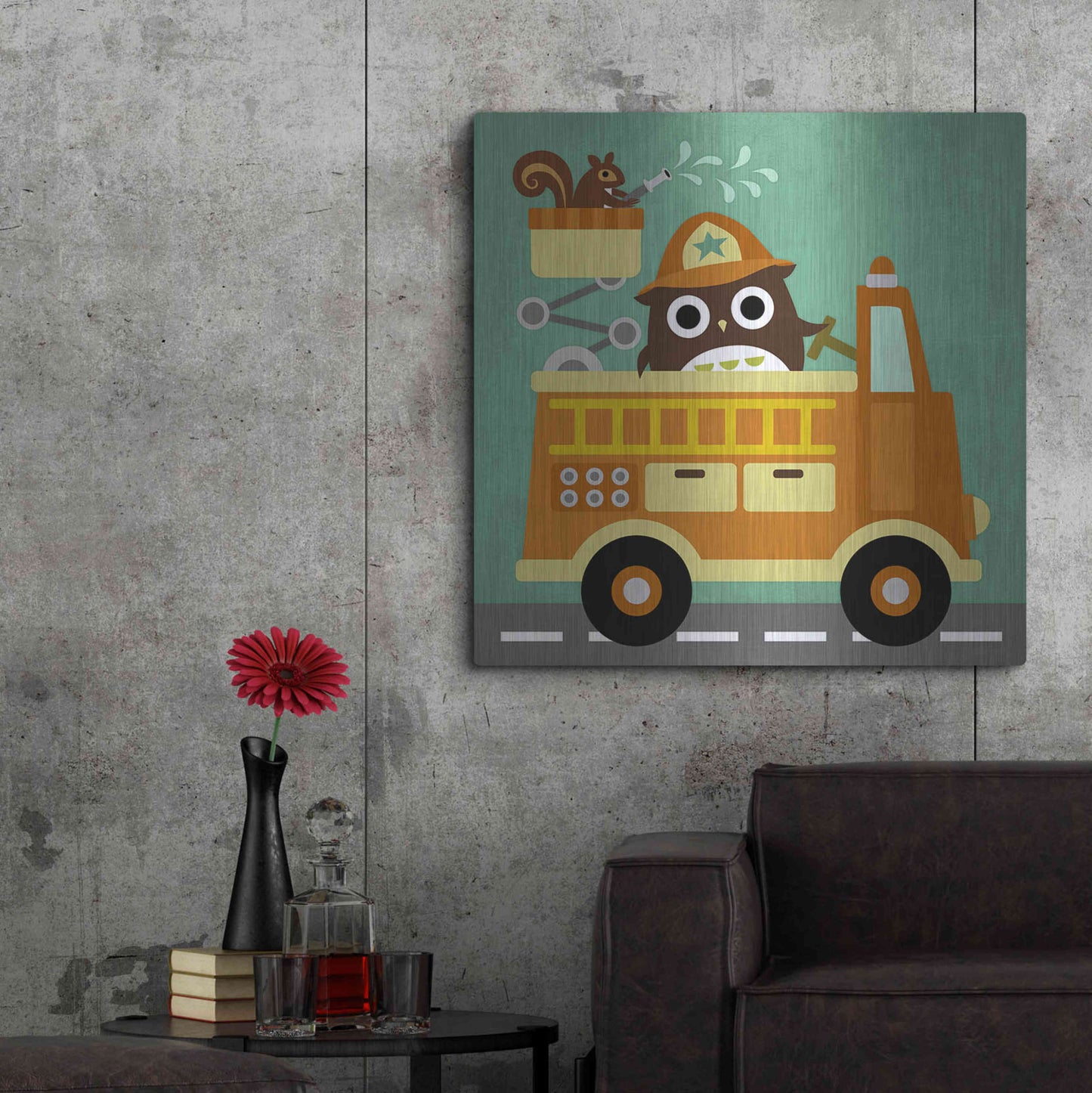 Luxe Metal Art 'Owl in Firetruck and Squirrel' by Nancy Lee, Metal Wall Art,36x36