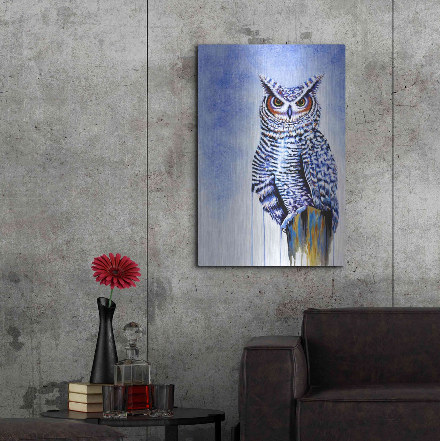 Luxe Metal Art 'Great Horned Owl In Blue' by Michelle Faber, Metal Wall Art,24x36