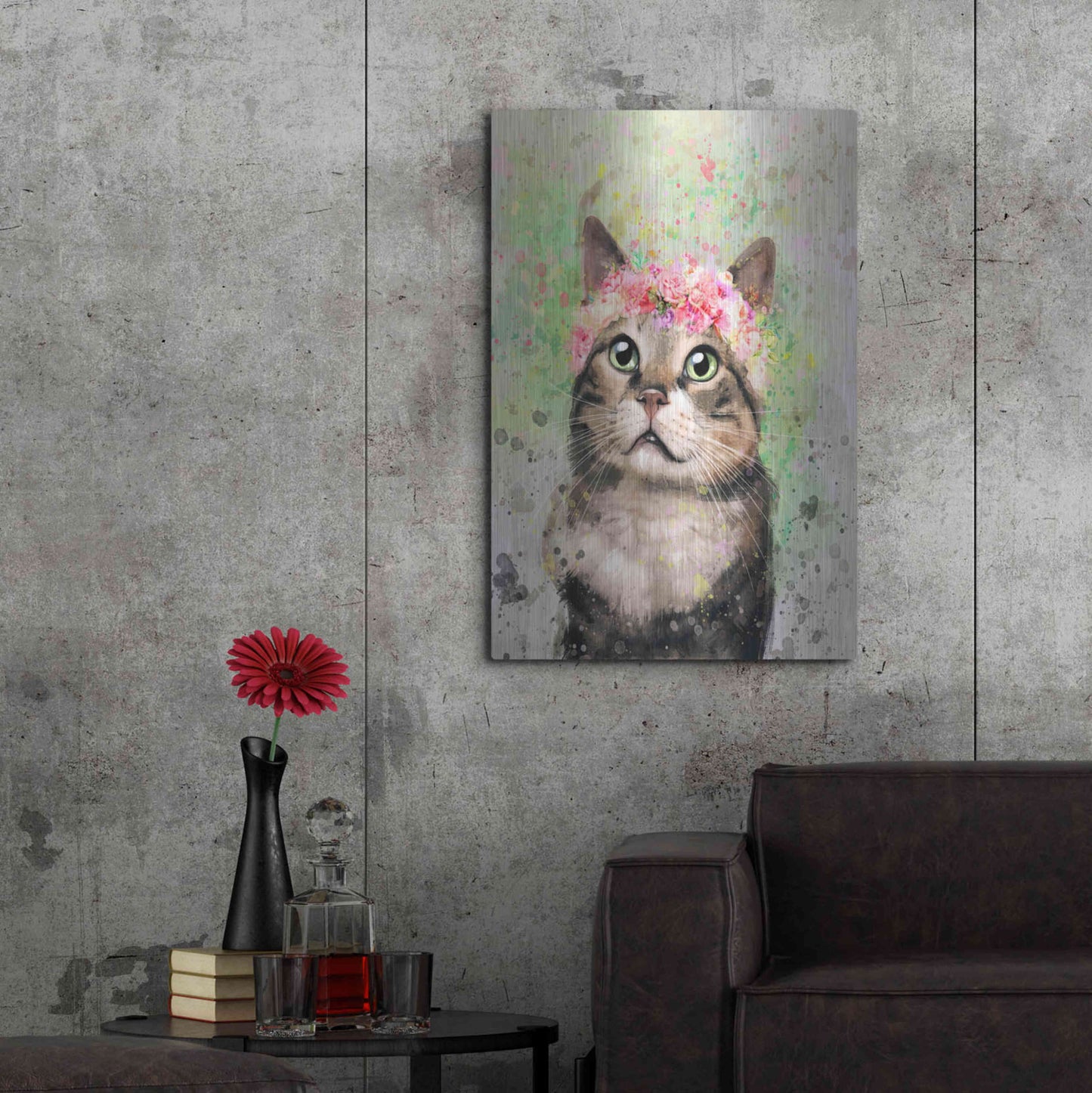 Luxe Metal Art 'Flower Crown Tabby Cat 4' by Furbaby Affiliates, Metal Wall Art,24x36