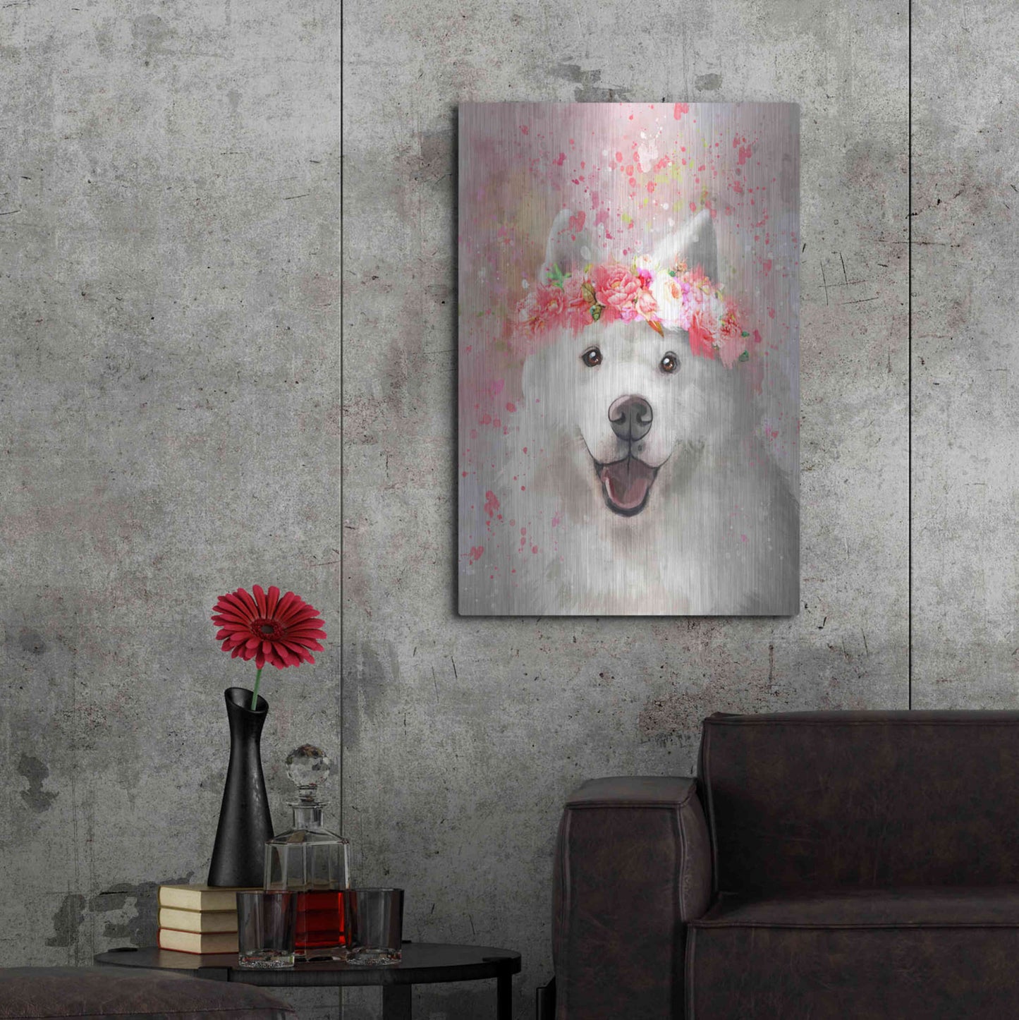 Luxe Metal Art 'Flower Crown Samoyed' by Furbaby Affiliates, Metal Wall Art,24x36