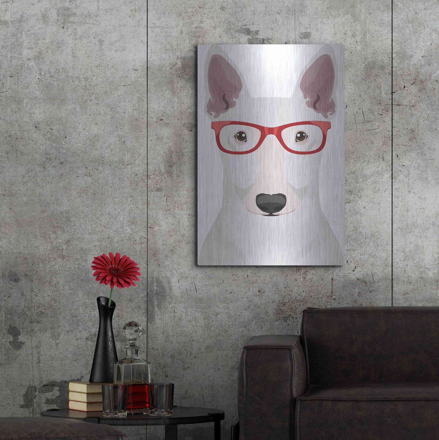 Luxe Metal Art 'Bull Terrier Wearing Hipster Glasses' by Furbaby Affiliates, Metal Wall Art,24x36