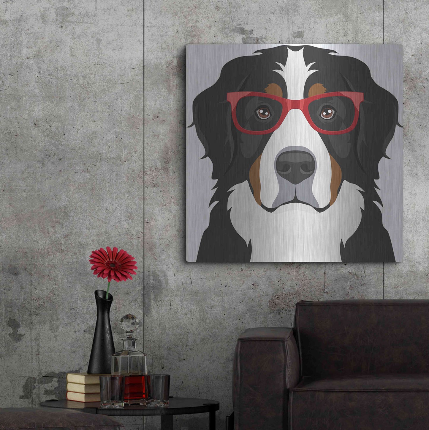 Luxe Metal Art 'Bernese Mountain Dog Wearing Hipster Glasses' by Furbaby Affiliates, Metal Wall Art,36x36