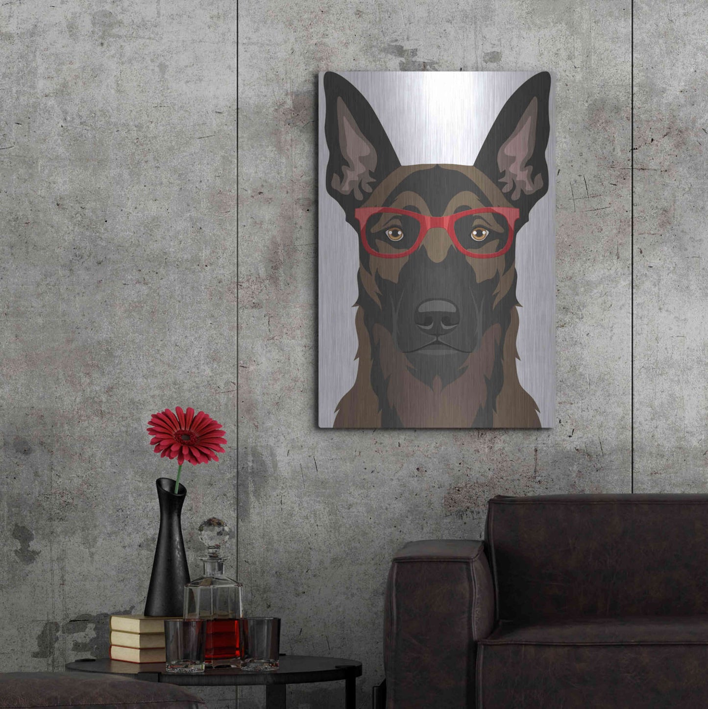 Luxe Metal Art 'Belgian Malinois Wearing Hipster Glasses' by Furbaby Affiliates, Metal Wall Art,24x36