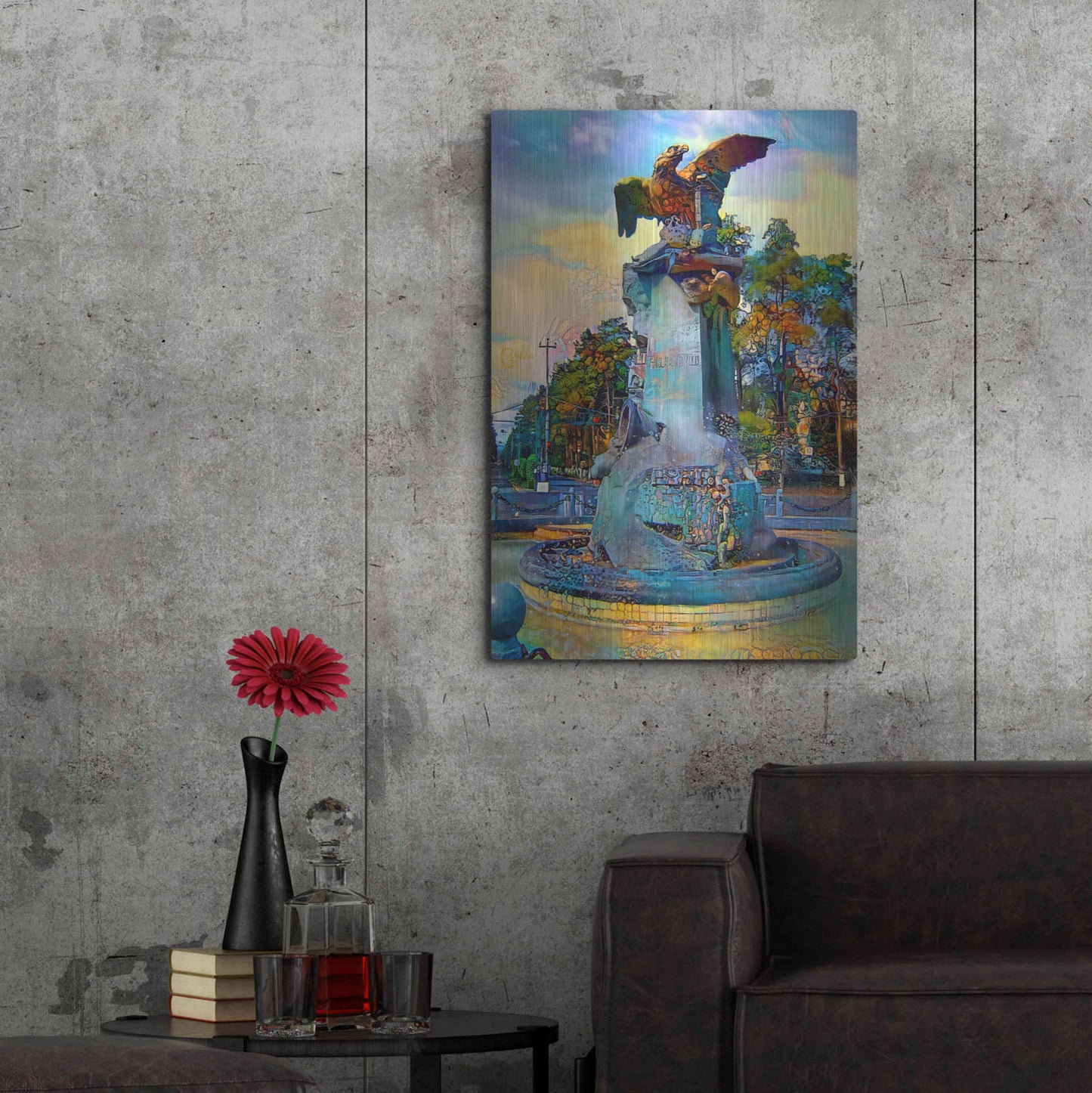 Luxe Metal Art 'Toluca Mexio Fountain Eagle Firmado' by Pedro Gavidia, Metal Wall Art,24x36